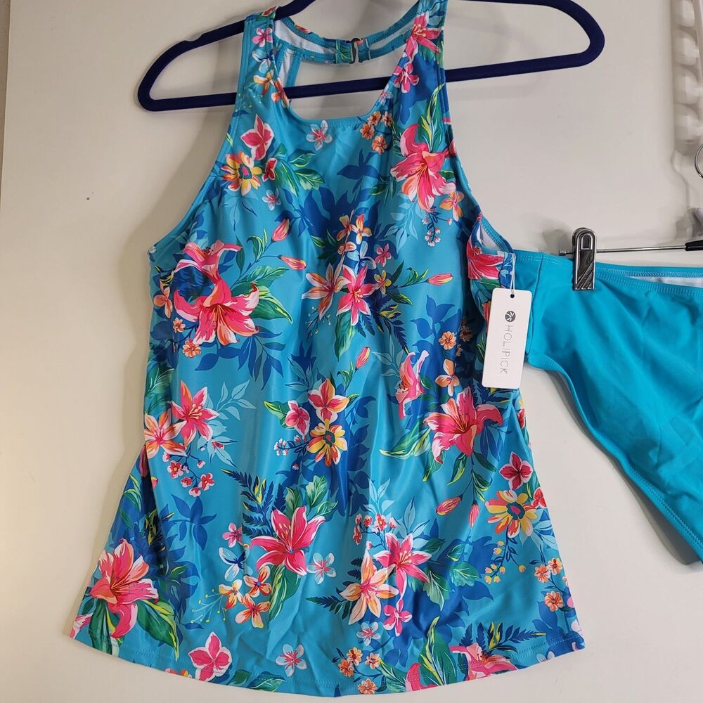 Holipick Tankini Swimsuit Set Womens XL Blue Floral High Neck Swim Top Bikini
